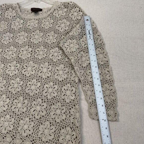 Yarnworks White & Gray Floral Crochet Long Sleeve Sweater Pullover Top L - Picture 9 of 11